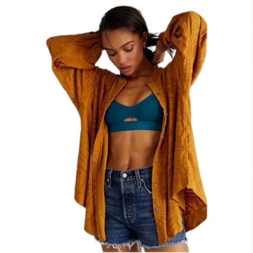 Free People Dreaming Tunic Golden Honey Autumn Jacquard Stitching Button S SM
